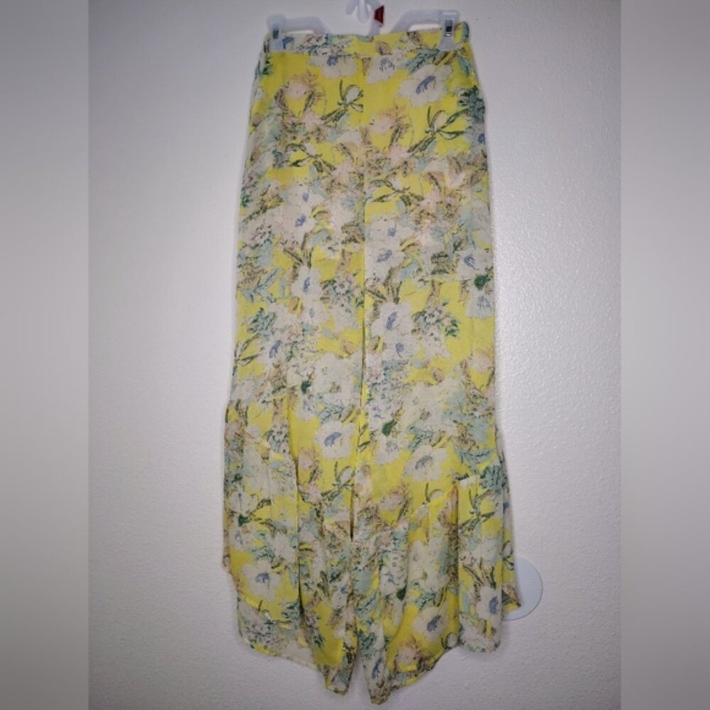 L Love Women's Yellow Floral Print Elastic Waist Wide Leg Flare Mesh Pants Sz S